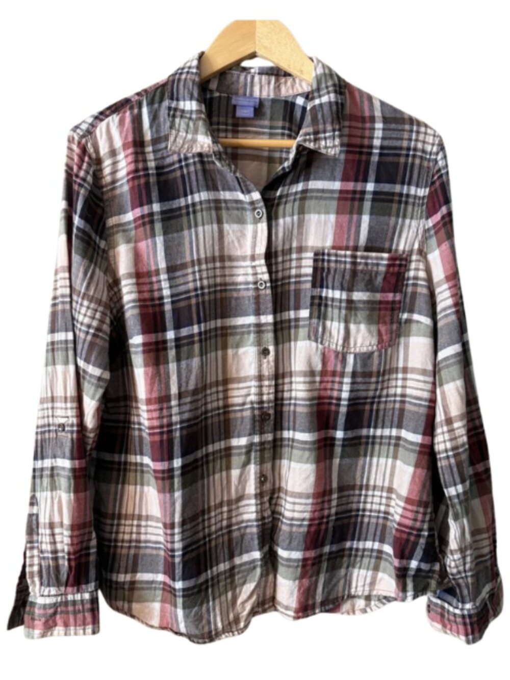 Laura Scott Plaid Button-Down Shirt in Burgundy, Olive, Cream